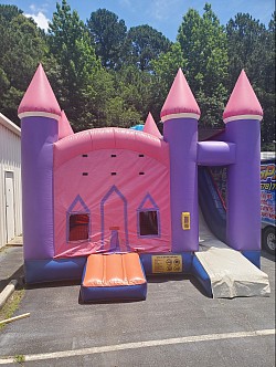 Pink N Purple Princess Combo (15x15 bounce area, 15 ft dry slide, and basketball hoop inside)